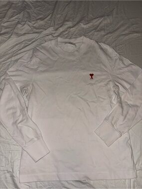 Ami White Long-Sleeve Tee with Small Red Heart Logo